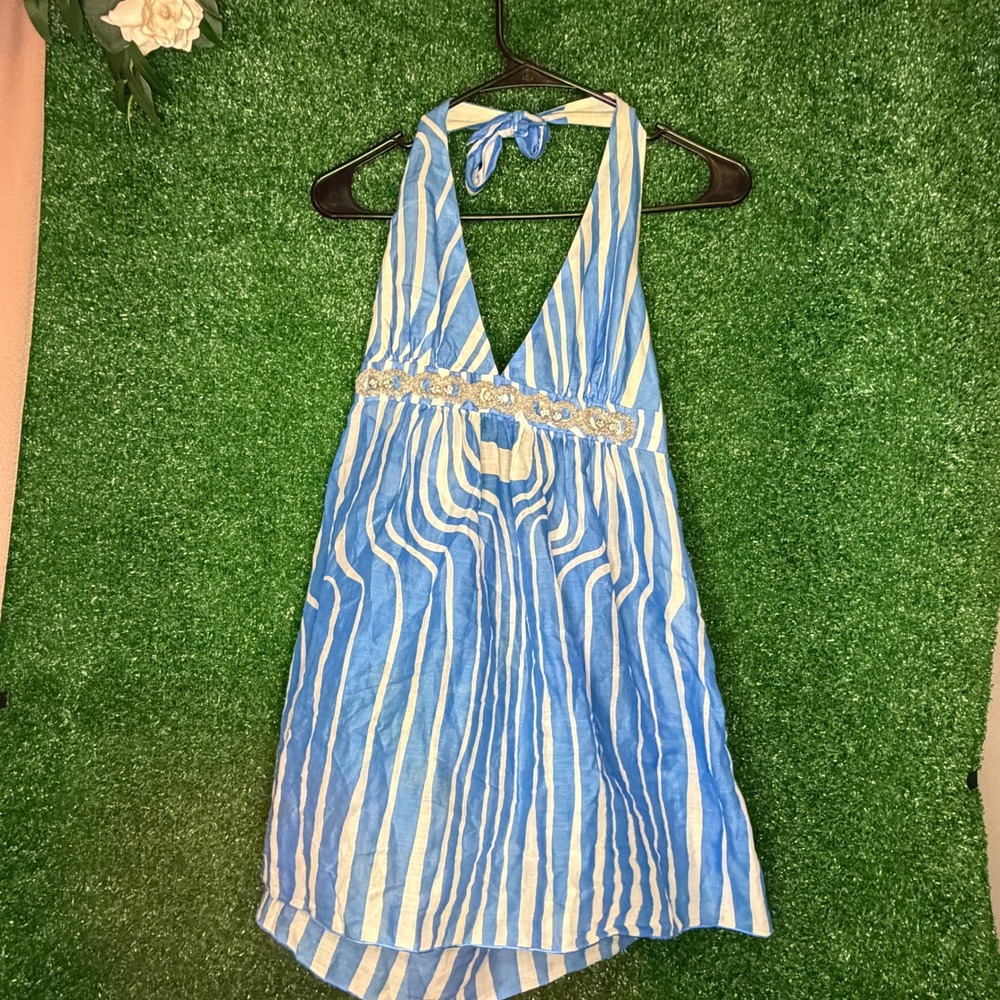 Trina Turk Blue White Striped Beaded Halter Top/Coverup Size 8